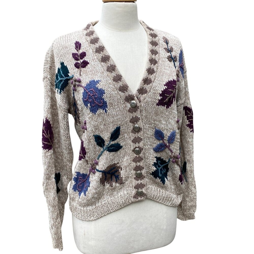 VIntage Hand Embroidered Fall Leaf Grandma Cardigan Decorative Button Cottage-M